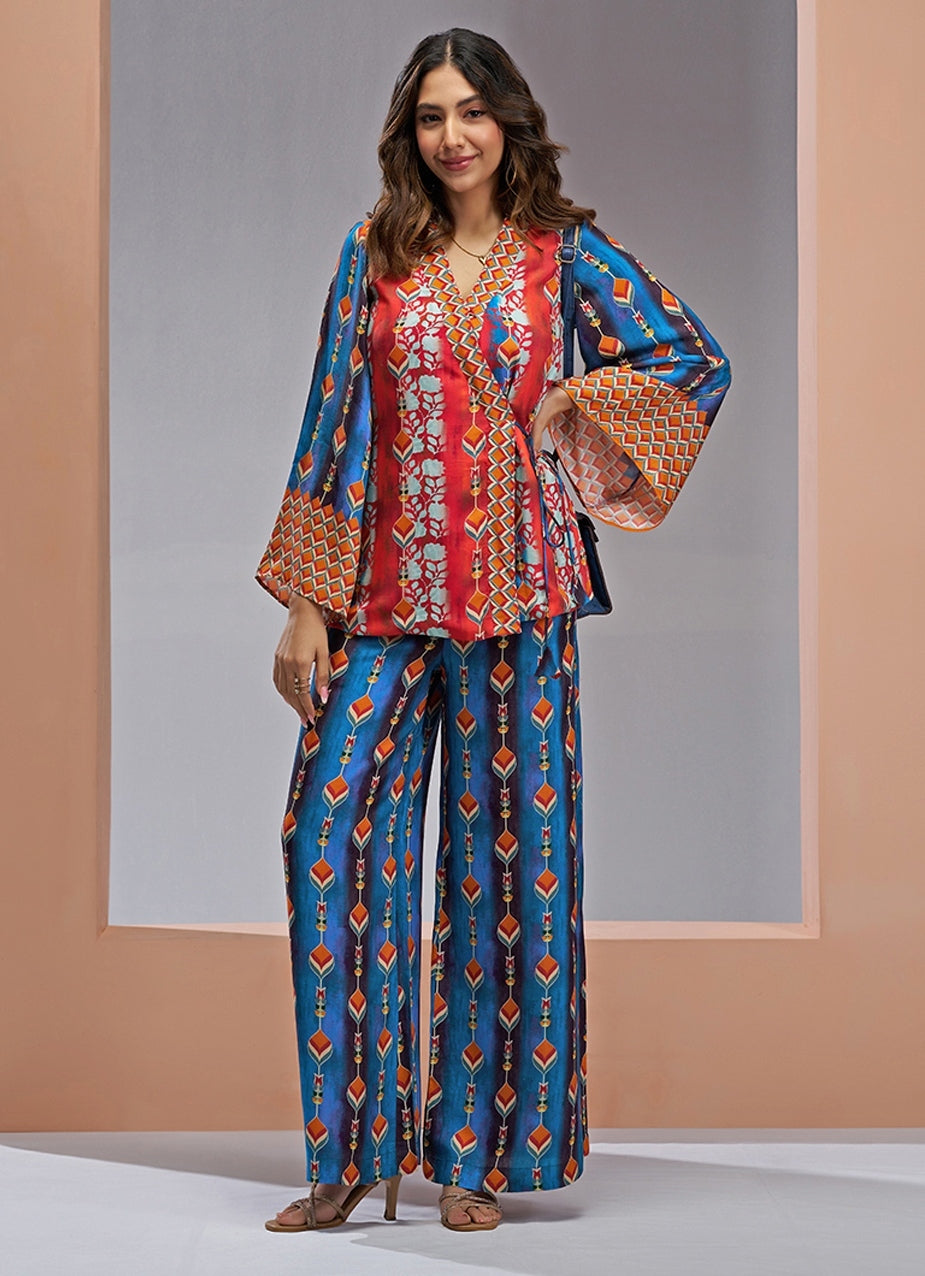 Red And Blue Printed Muslin Silk Co-Ord Set
