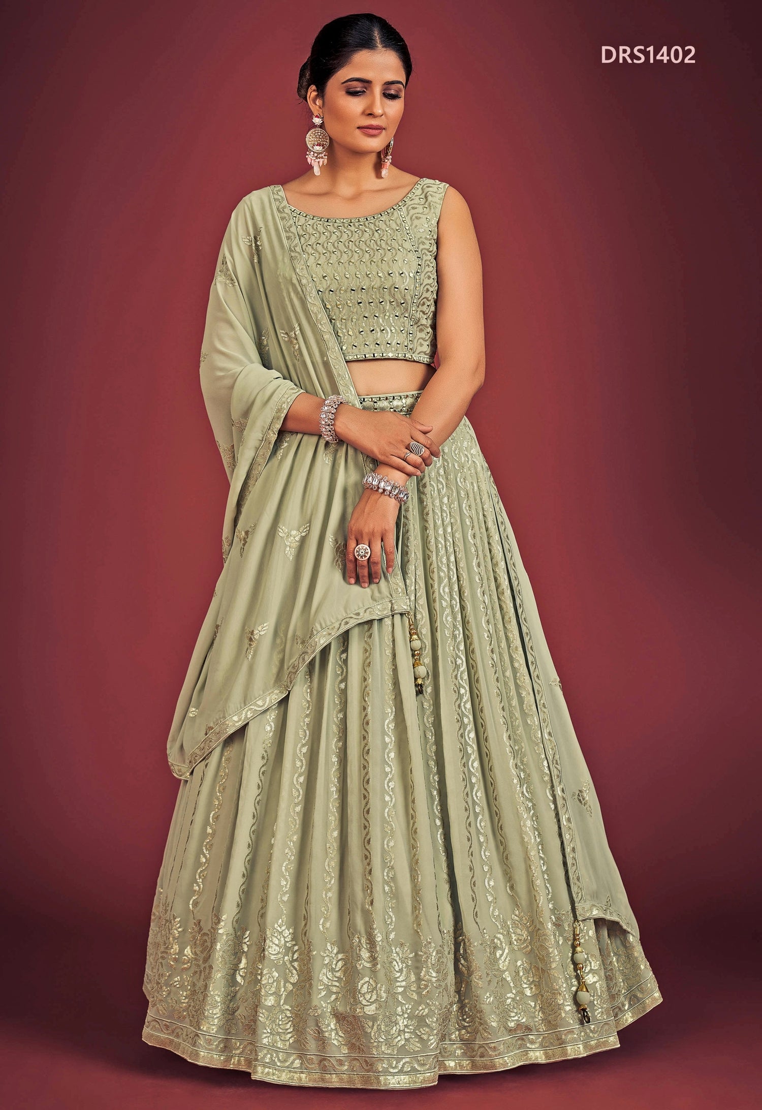 Pista Green Georgette Lehenga Set