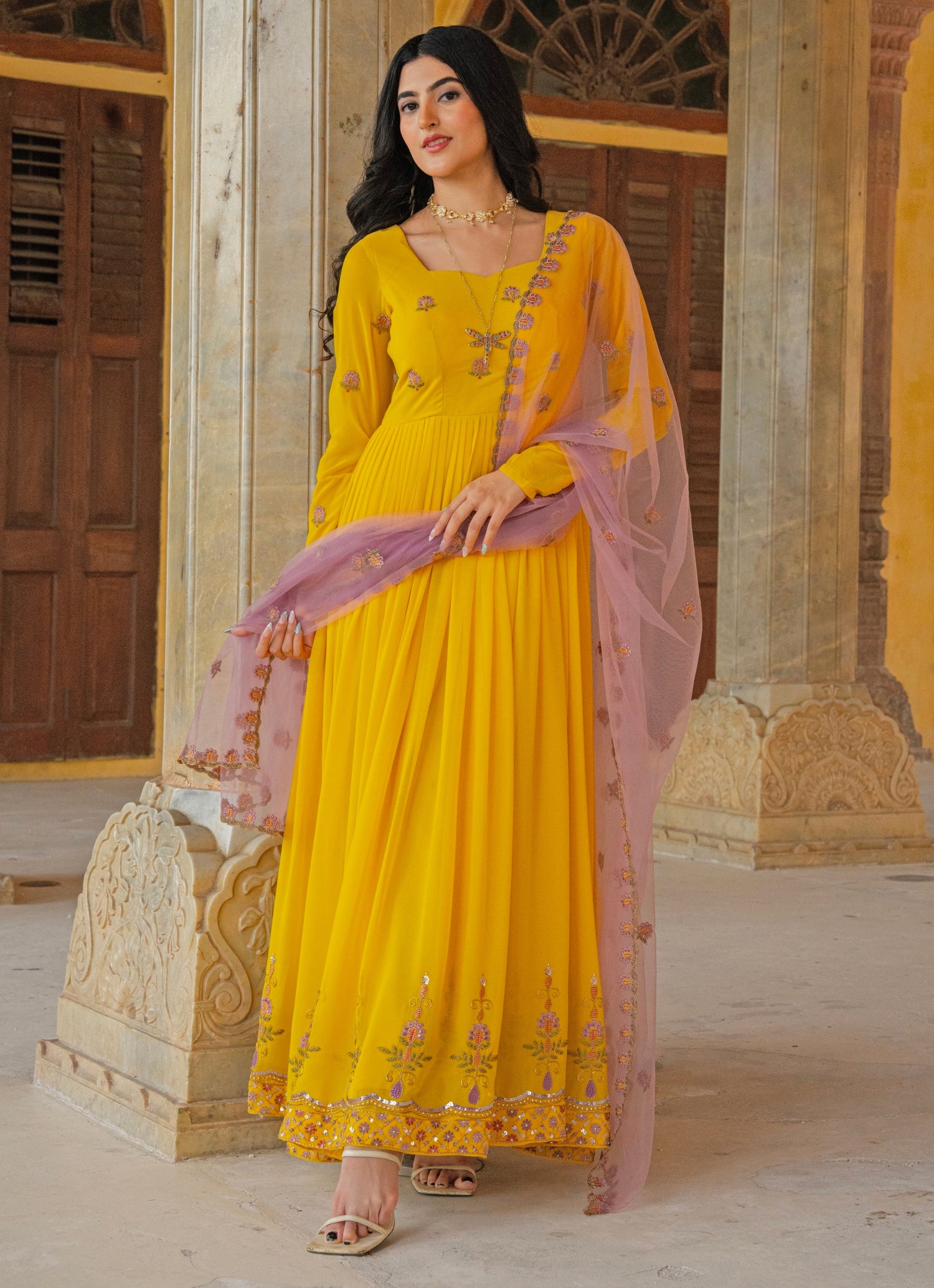 Yellow And Pink Georgette Anarkali Set