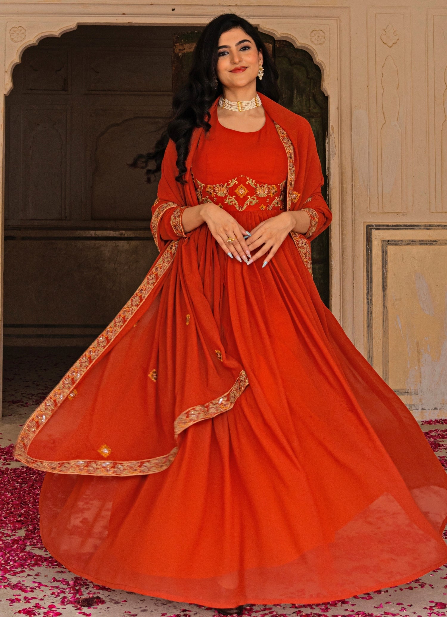 Orange Georgette Anarkali Set