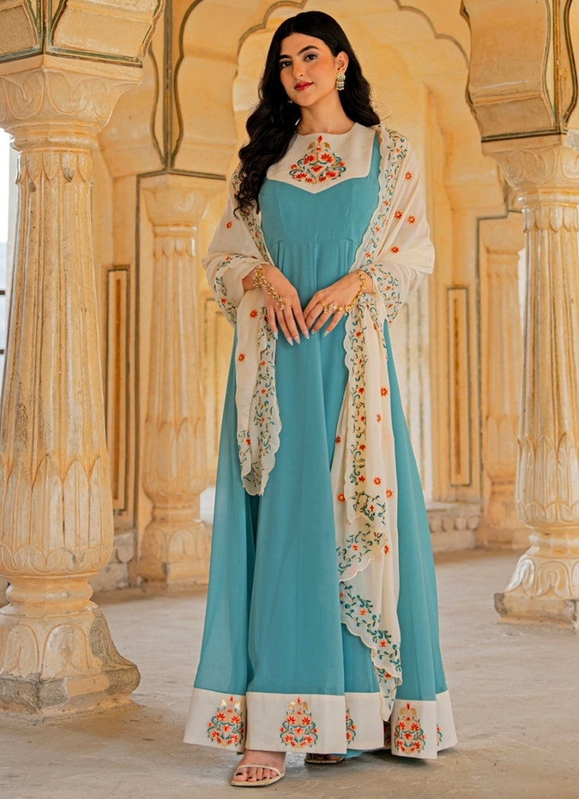 Blue And Ivory Georgette Anarkali Set