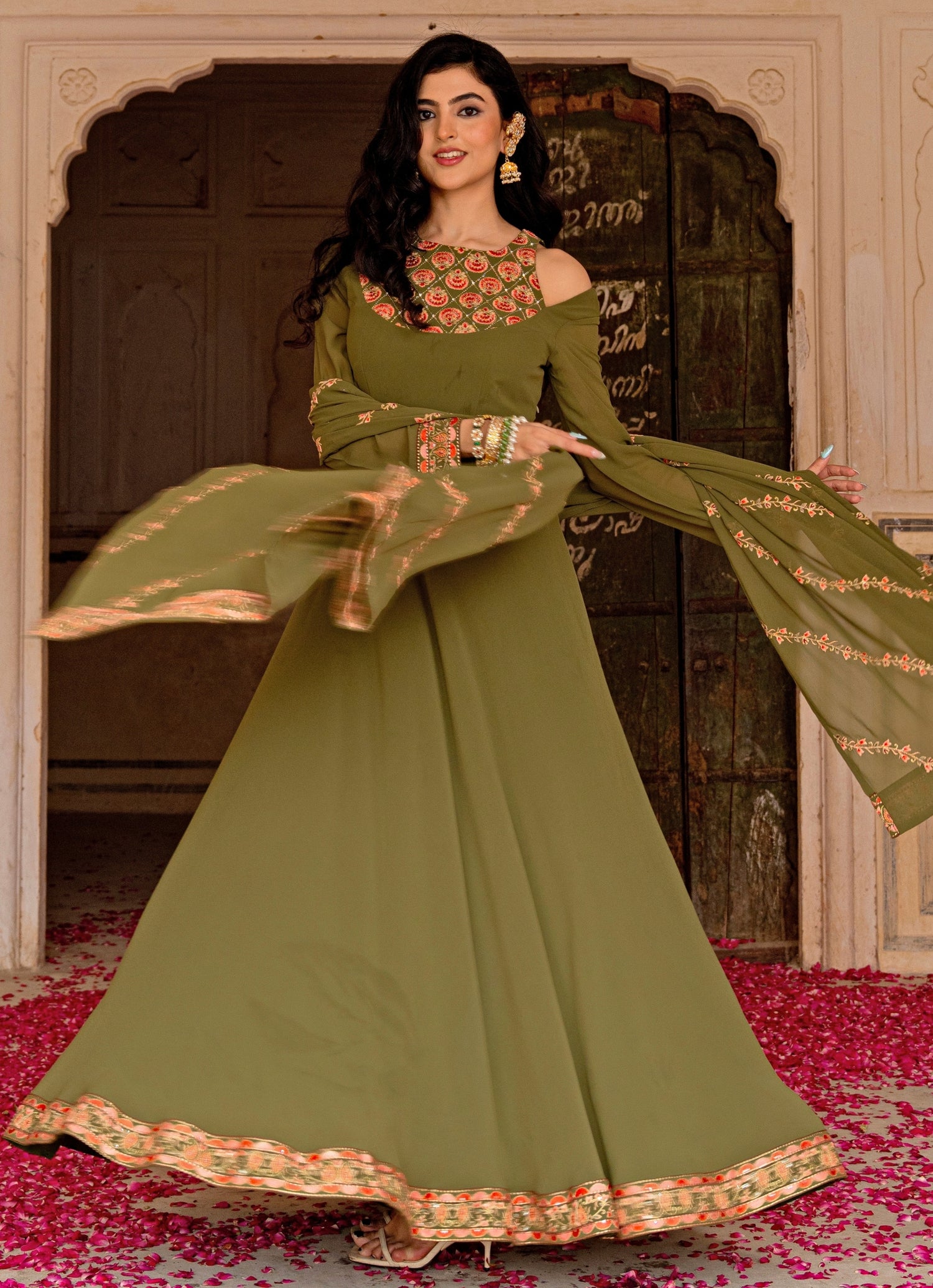 Olive Green Georgette Anarkali Set