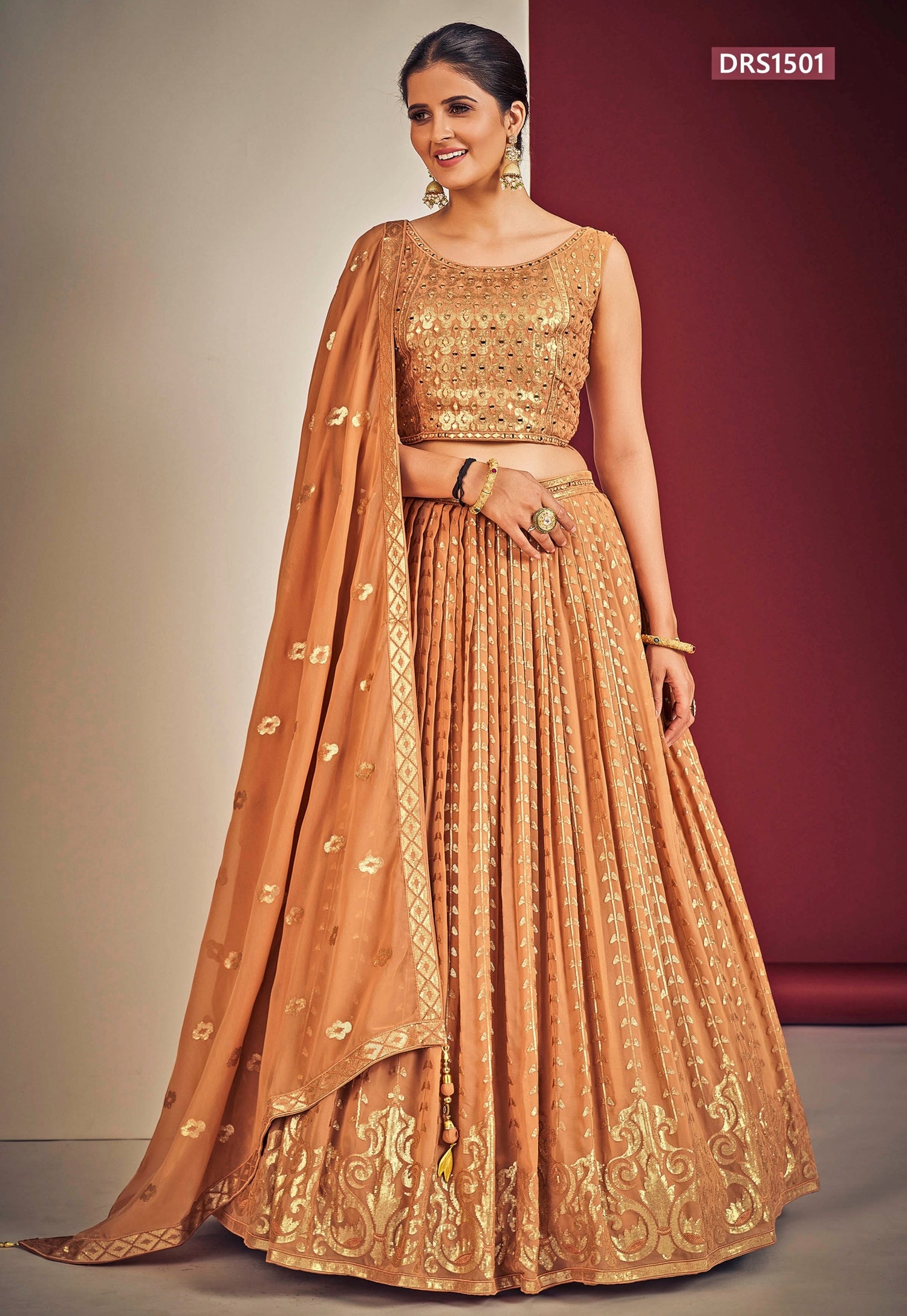Peach Sequins Georgette Lehenga Set