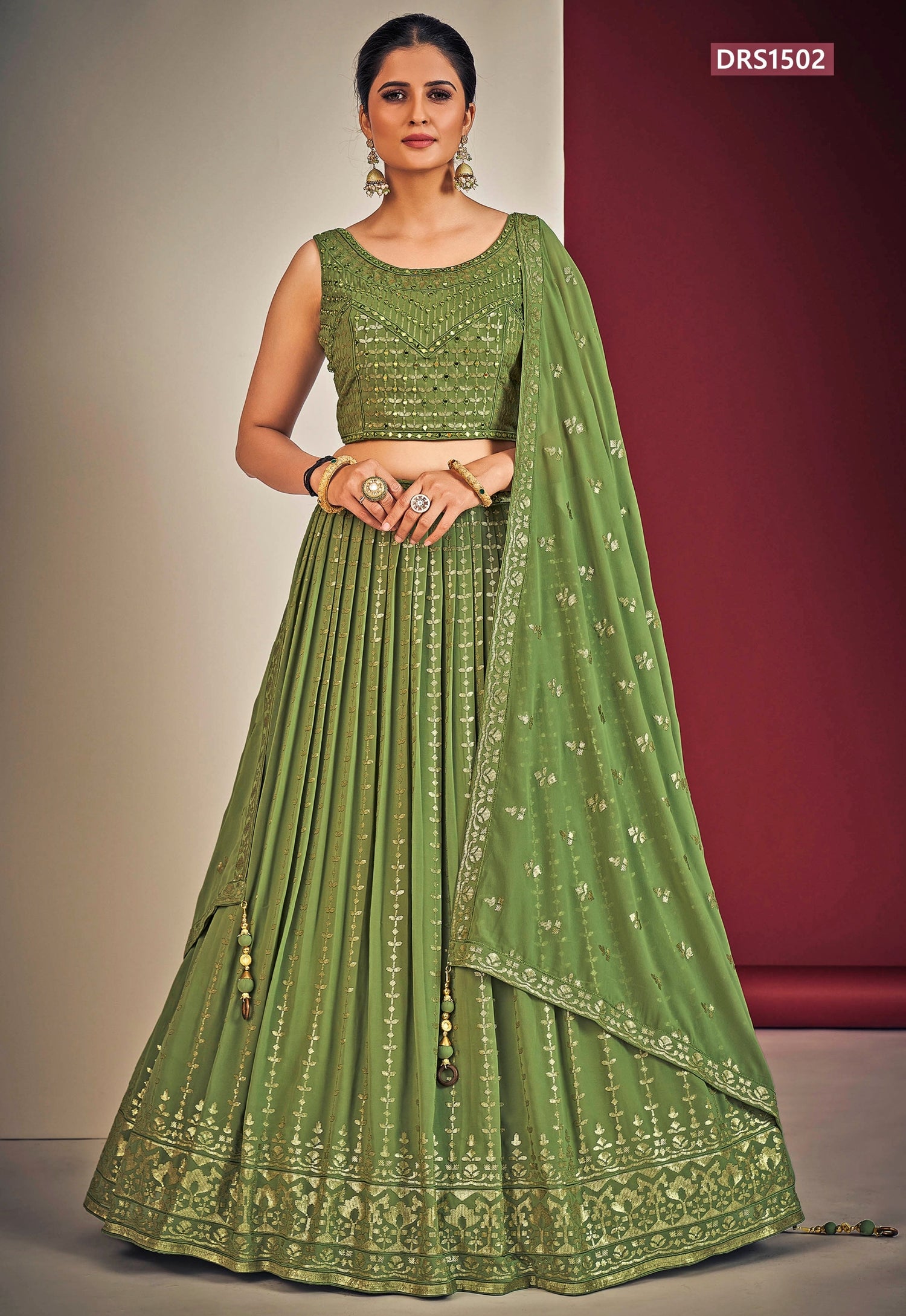 Green Sequins Georgette Lehenga Set
