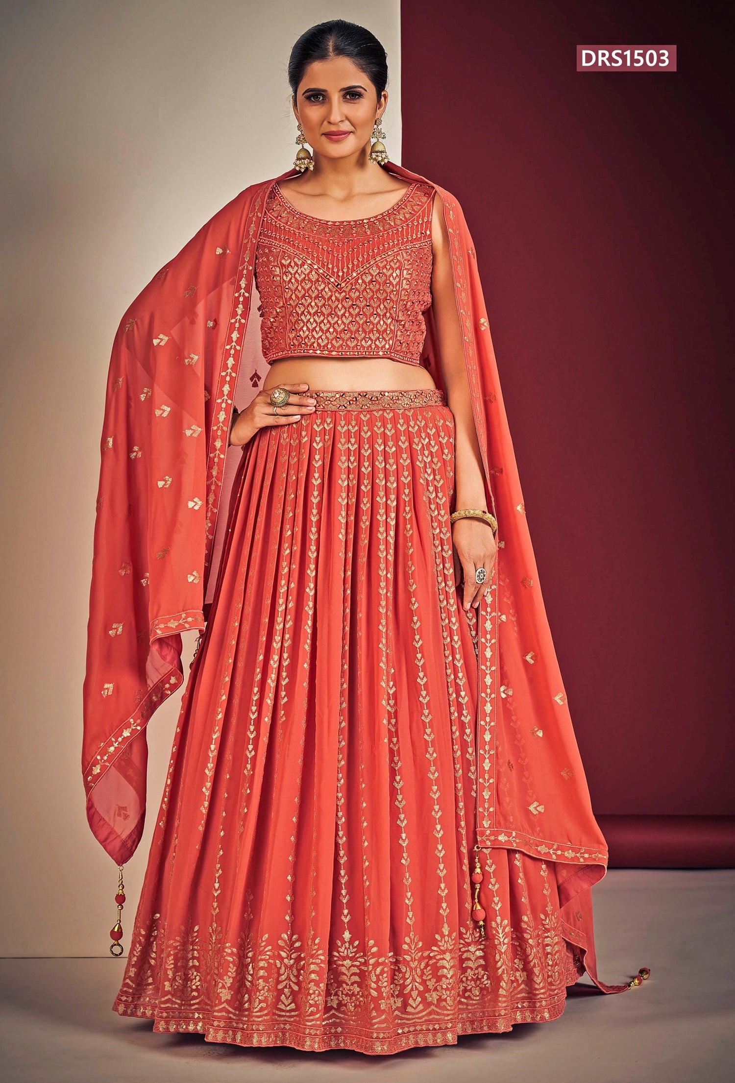 Coral Sequins Georgette Lehenga Set