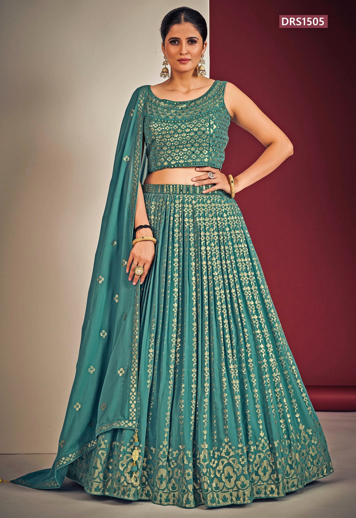 Teal Blue Sequins Georgette Lehenga Set