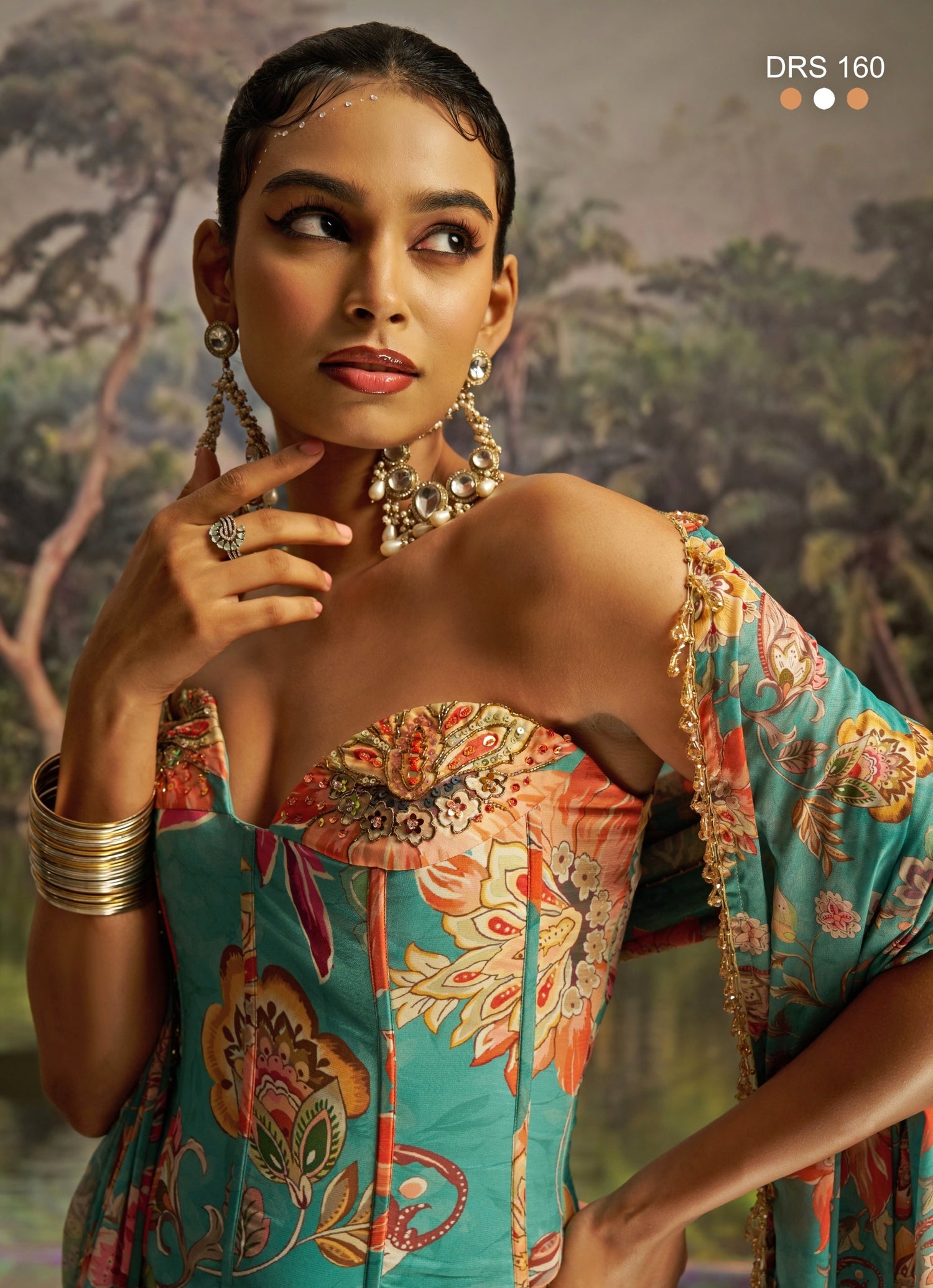 Mint Blue Floral Printed Corset Lehenga Set