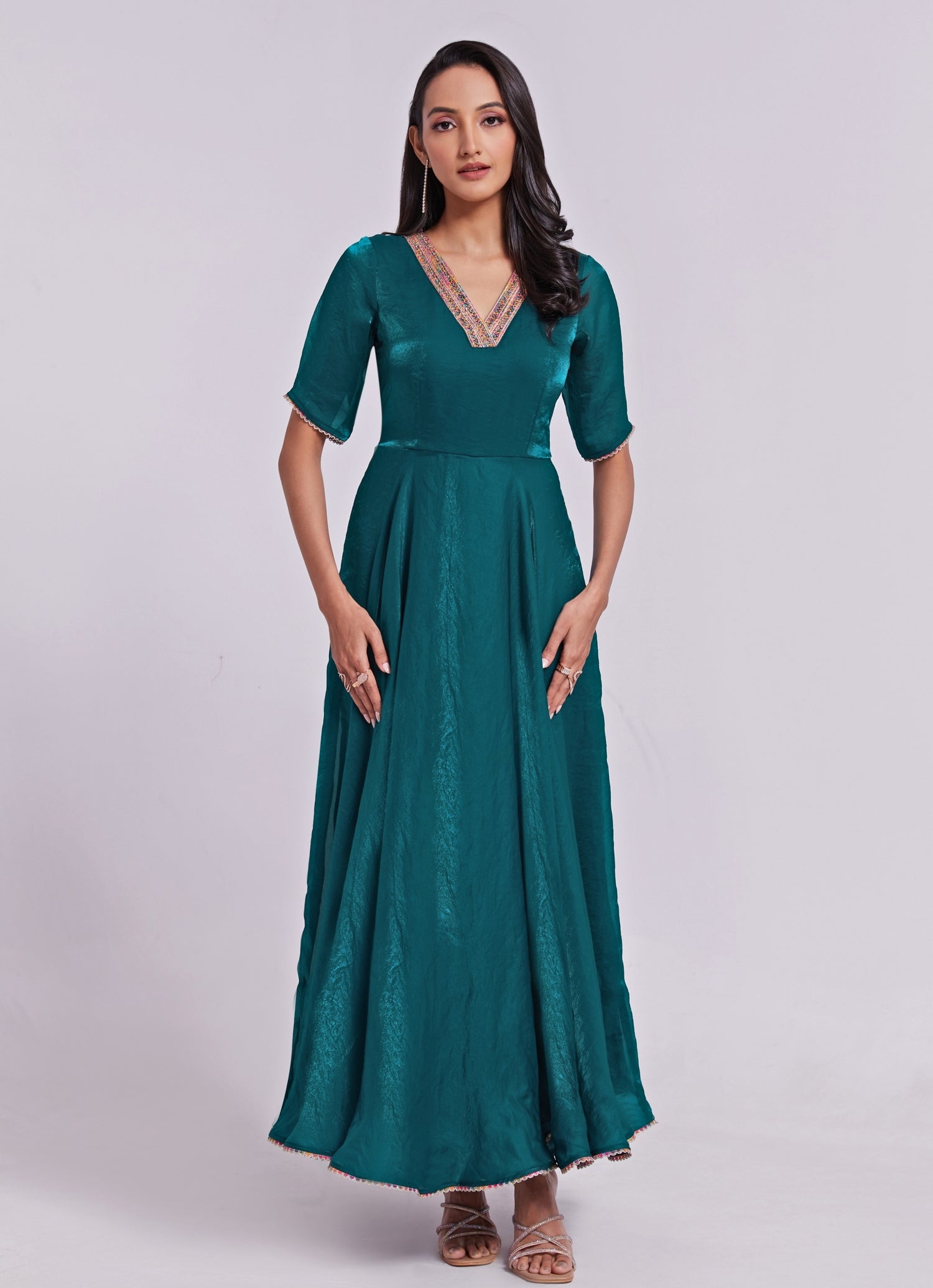 Teal Blue Organza Anarkali Gown
