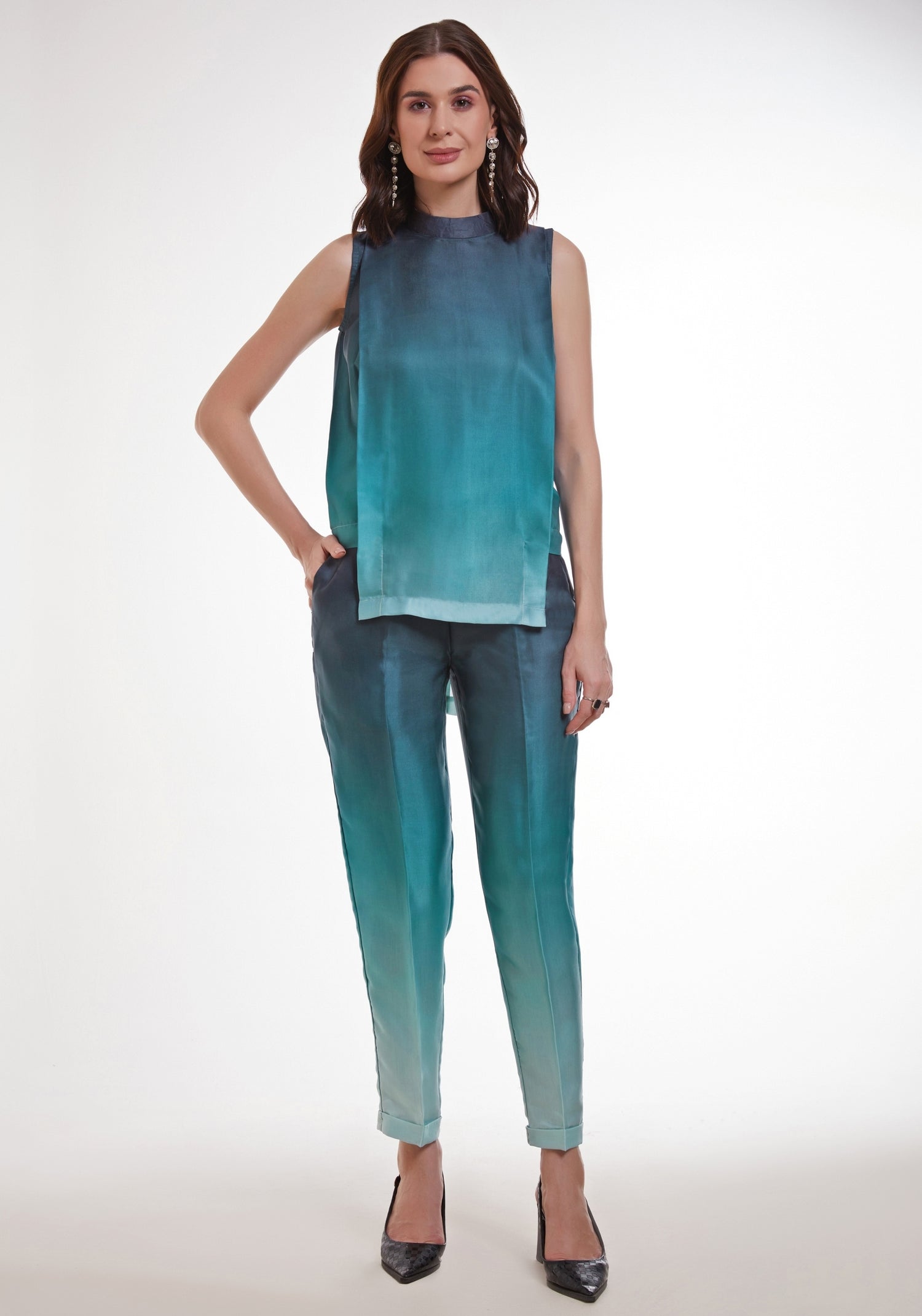 Teal Blue Ombre Satin Pants Set