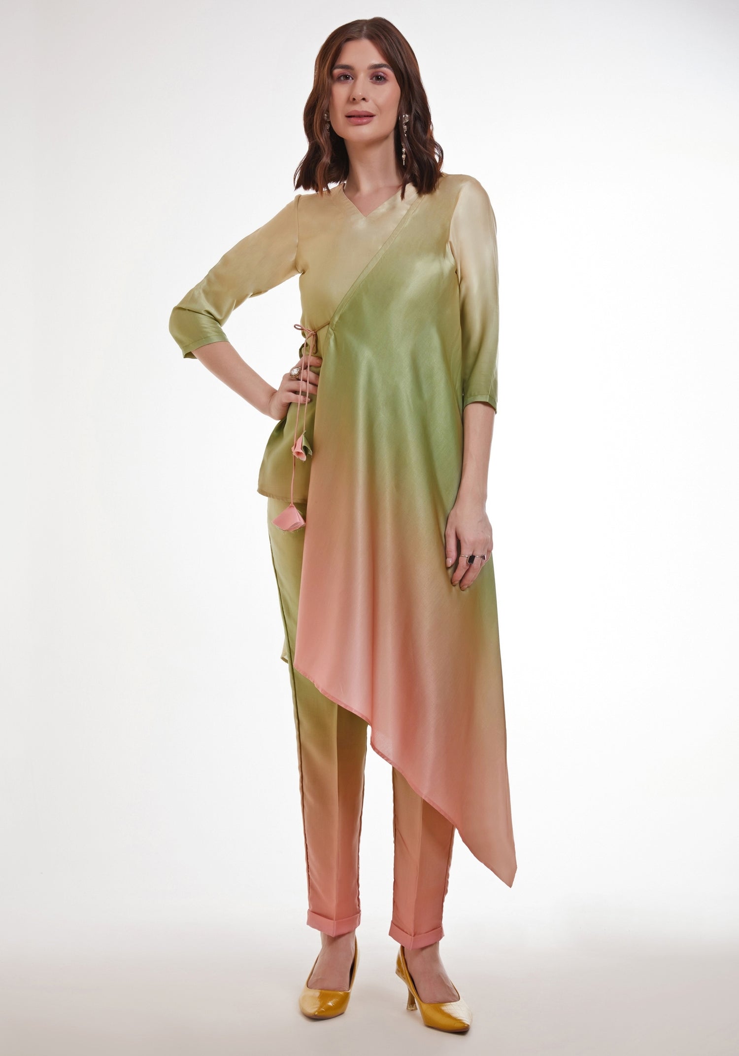 Green And Peach Shaded Satin Kurta Pants Set