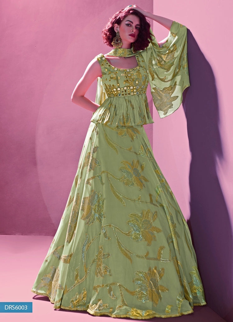 Green Jacquard Lehenga Set With Peplum Top