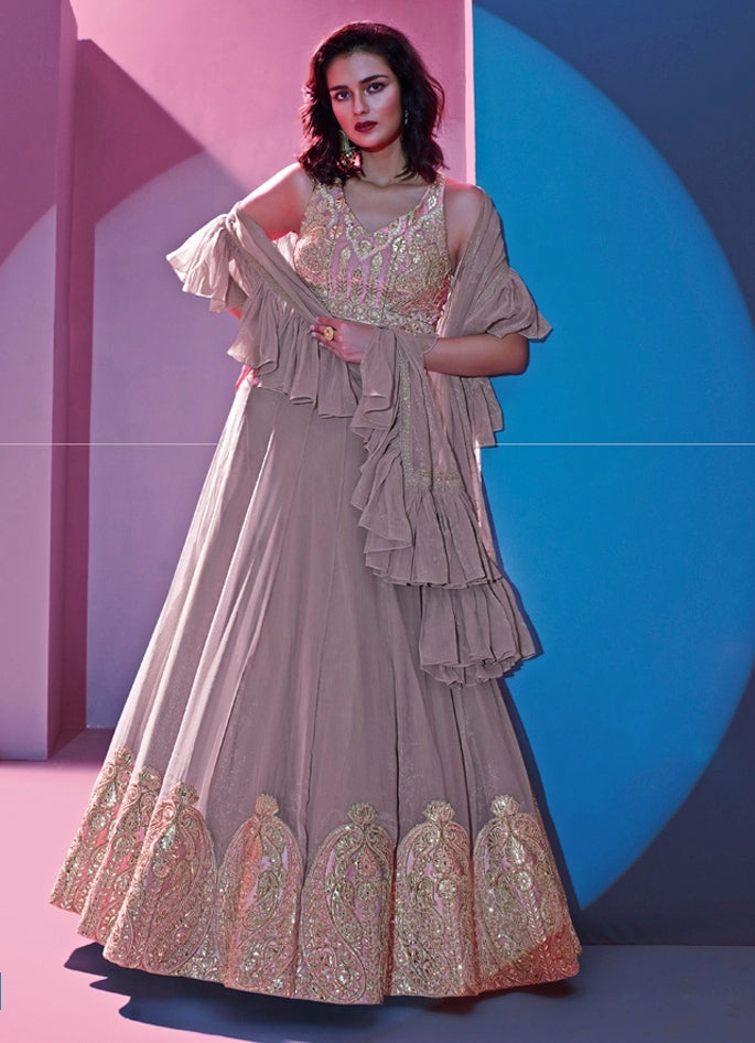 Taupe Embroidered Silk Lehenga Set
