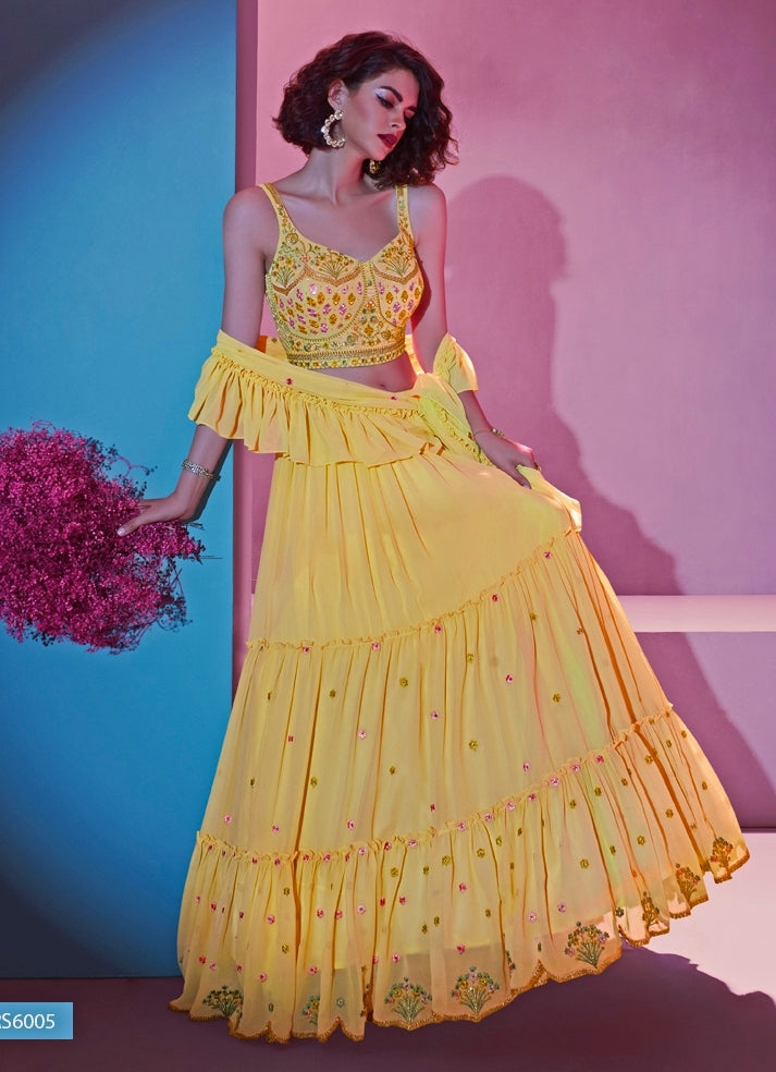 Yellow Georgette Lehenga Set With Ruffle Dupatta