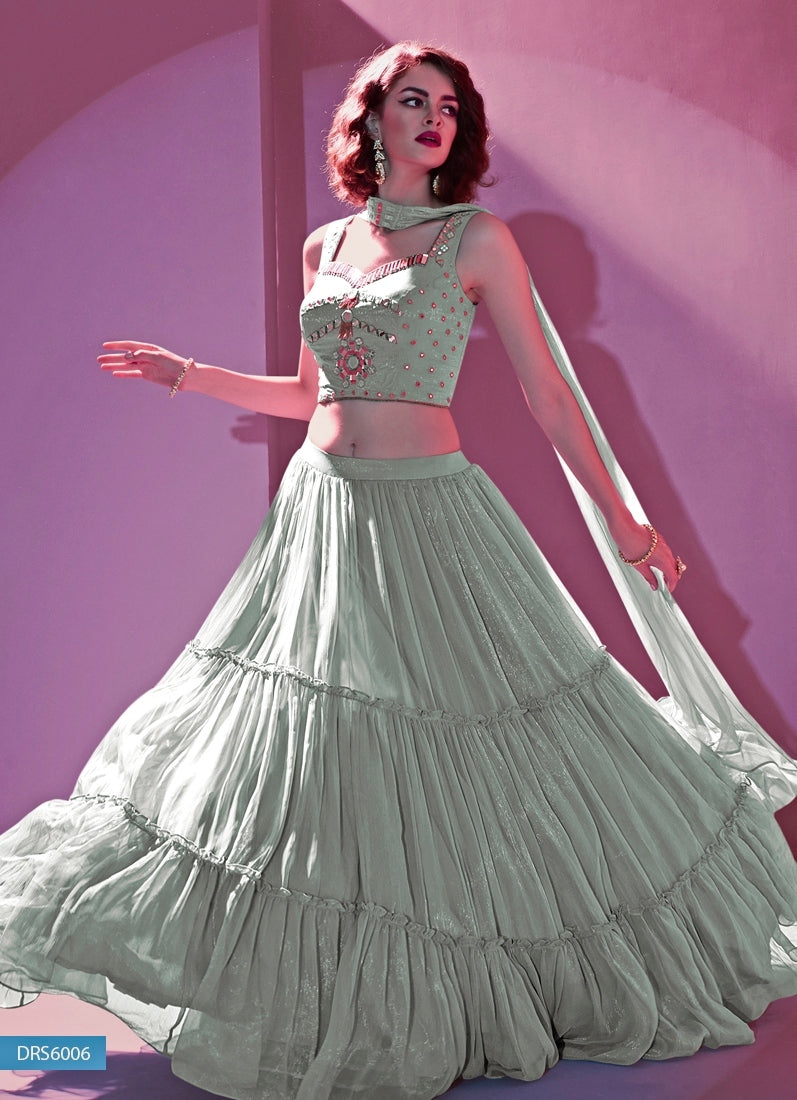 Grey Silk Tiered Lehenga Set