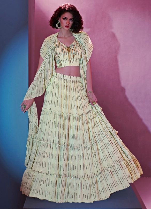 Ivory Silk Tiered Lehenga Set With Ruffle Dupatta