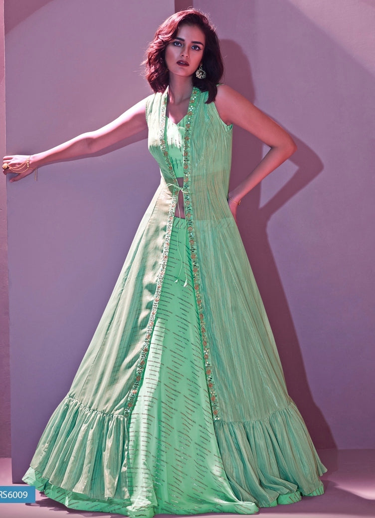 Aqua Green Silk Lehenga Set With Jacket