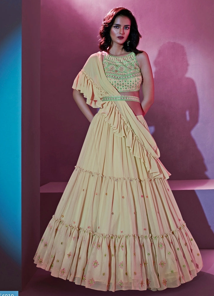 Cream Georgette Tiered Lehenga Set
