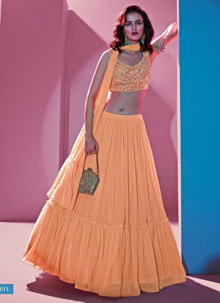 Orange Georgette Tiered Lehenga Set