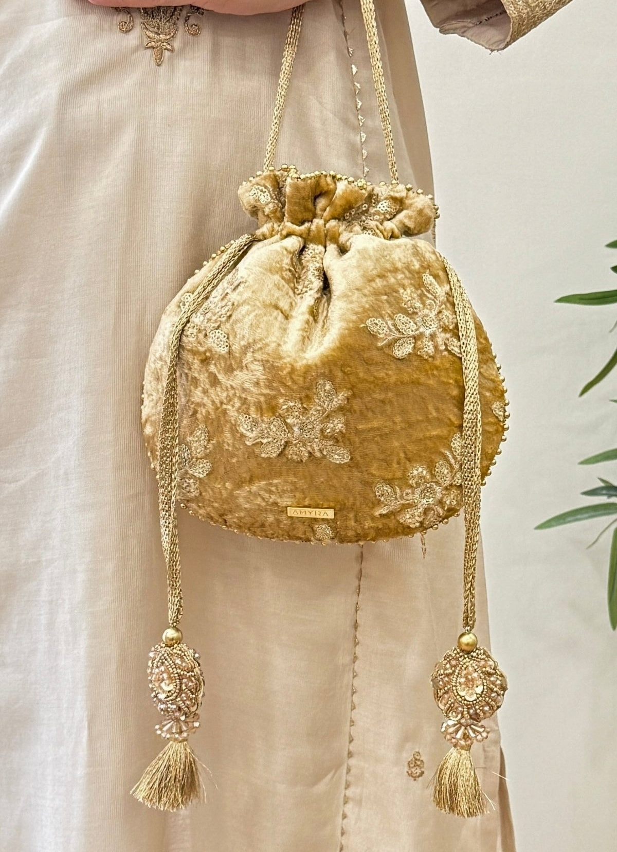 Gold Embroidered  Velvet Potli