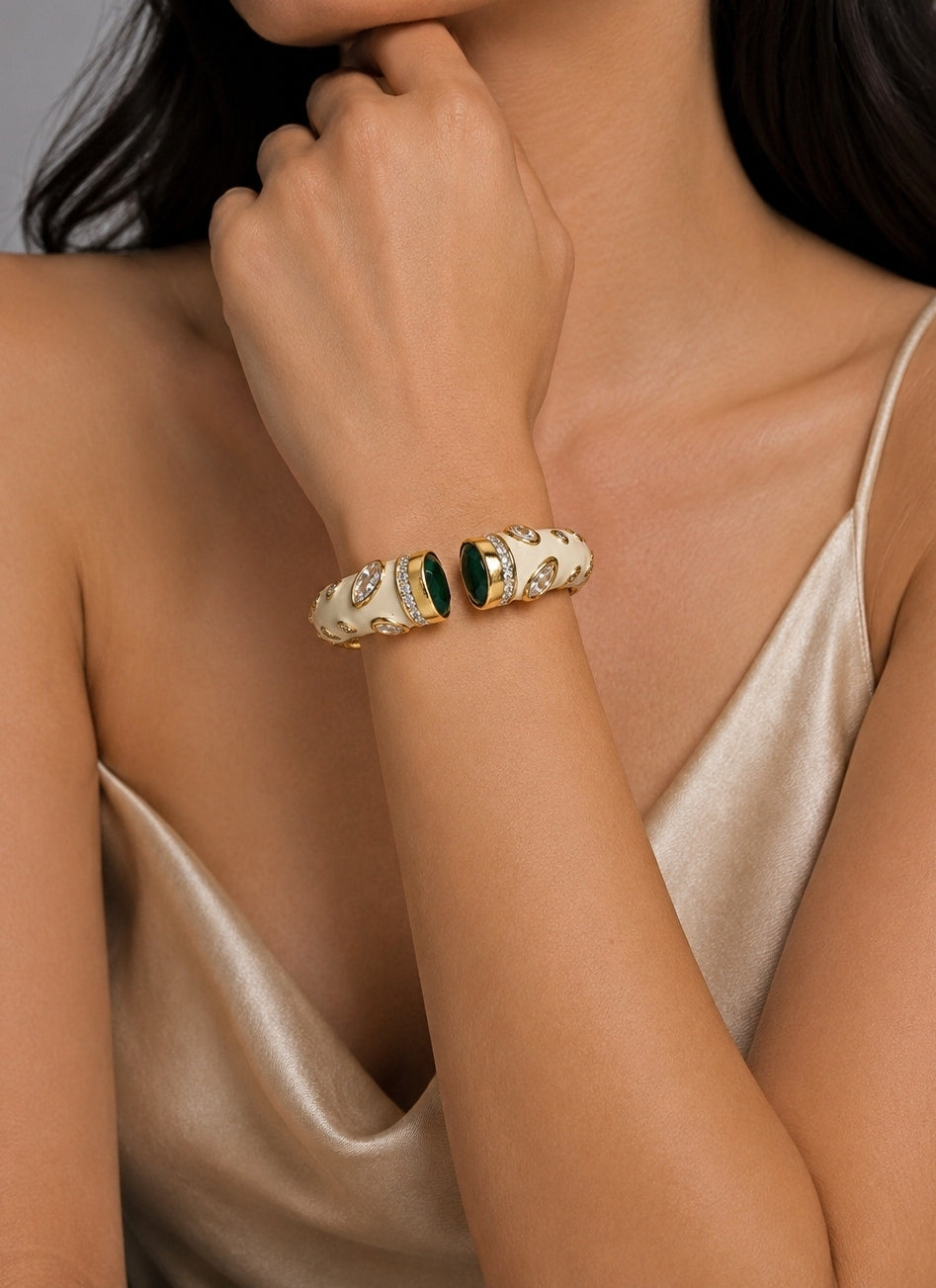 White Enamel Open Cuff Bangle With Green Stone