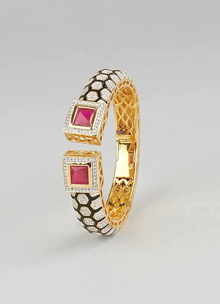 Gold Plated Pink Stone Open Cuff Kada