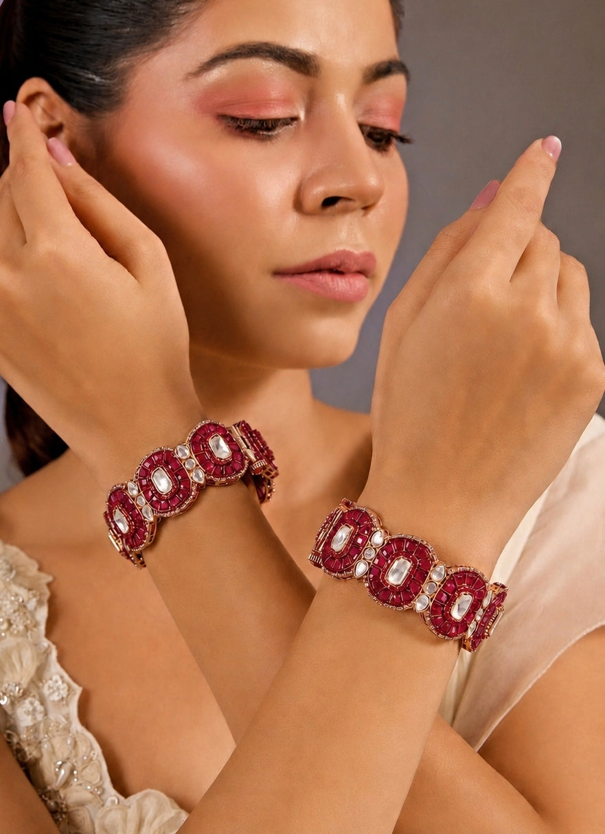 Pink Moissanite Polki Statement Bangle Set