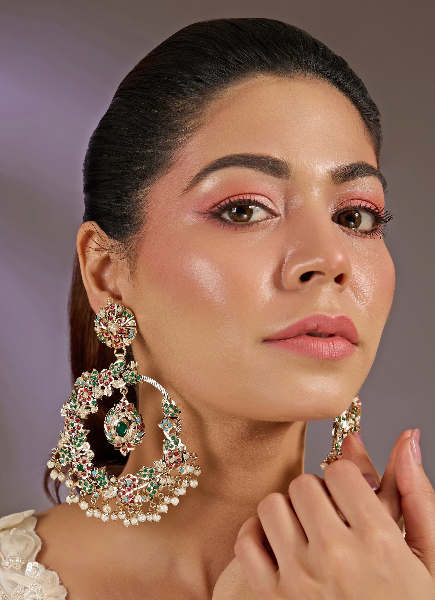 Chandbali Earrings With Multicolor Stones And Pearl