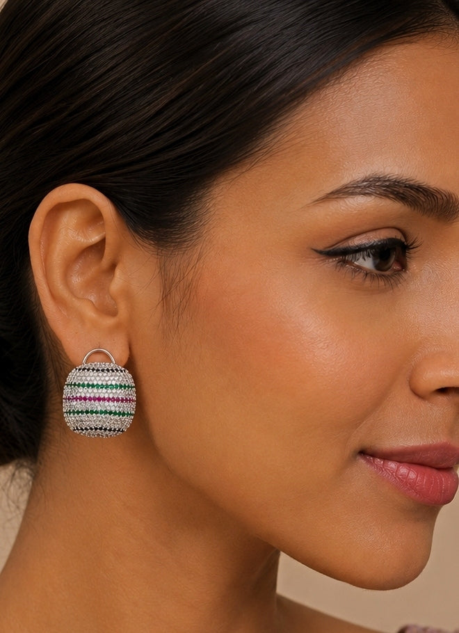 Silver Tone Multicolor Stone Stud Earrings