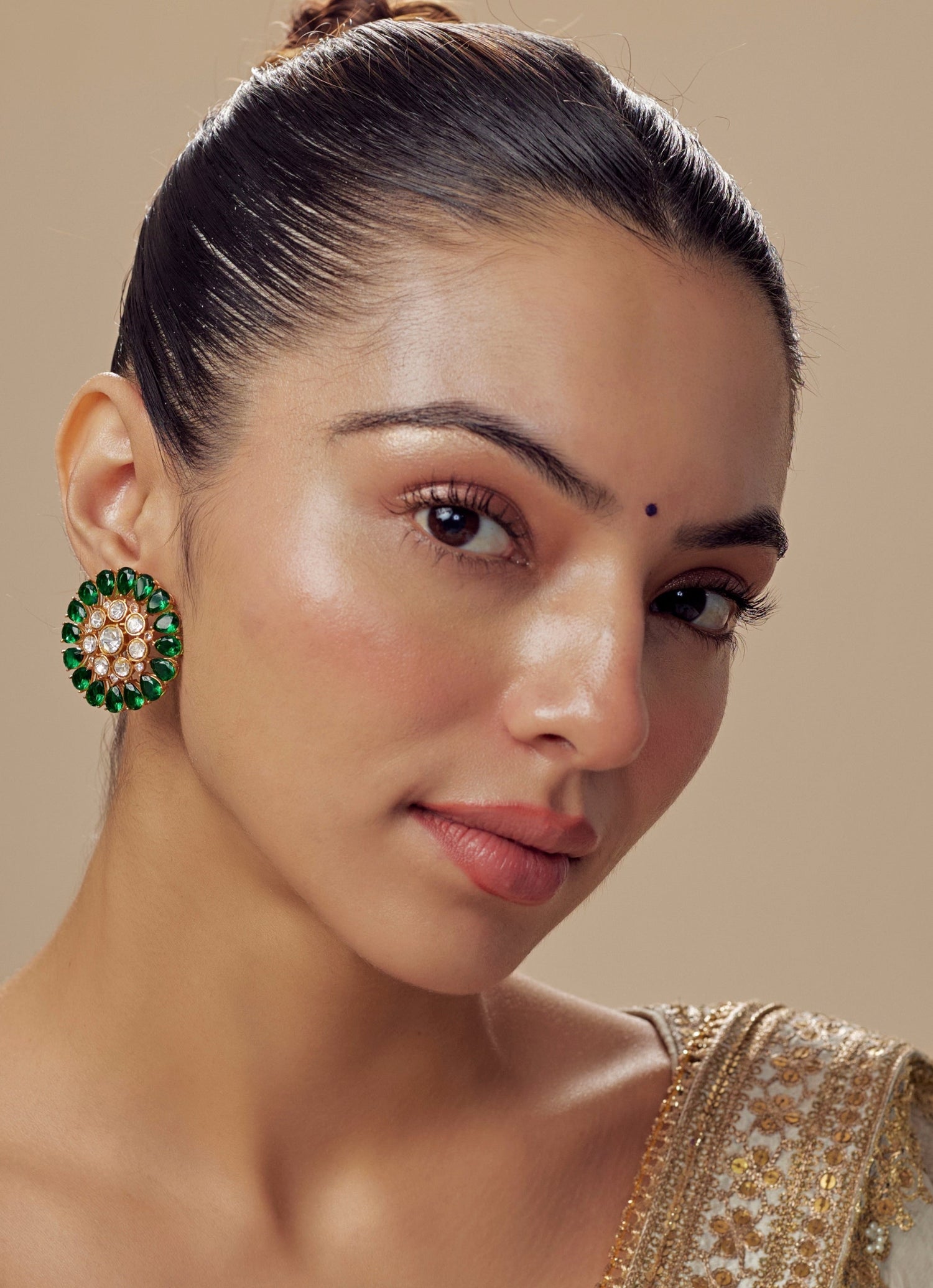 Gold Plated Green Kundan And Polki Stud Earrings