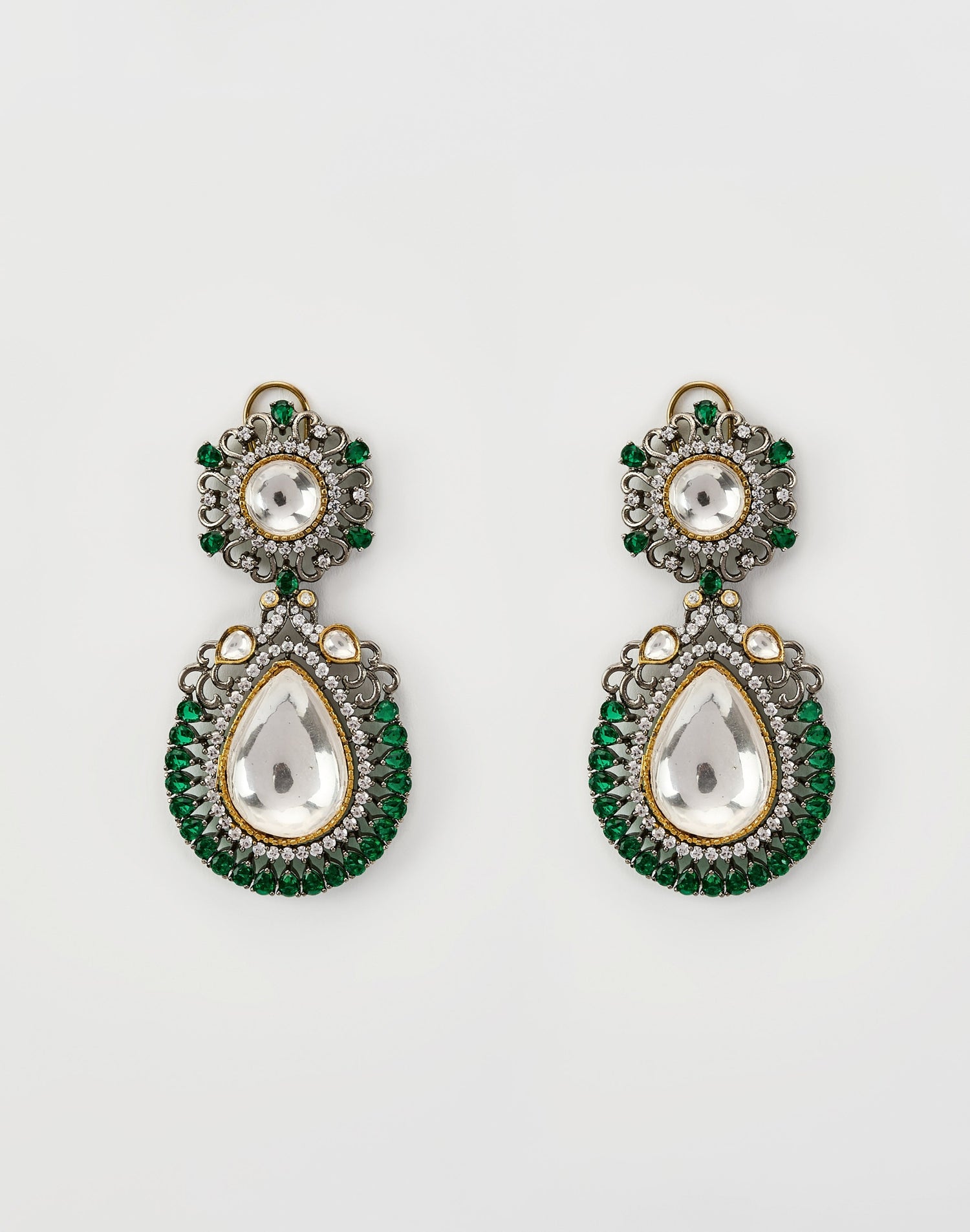 Silver Plated Green Stone And Kundan Drop Earrings