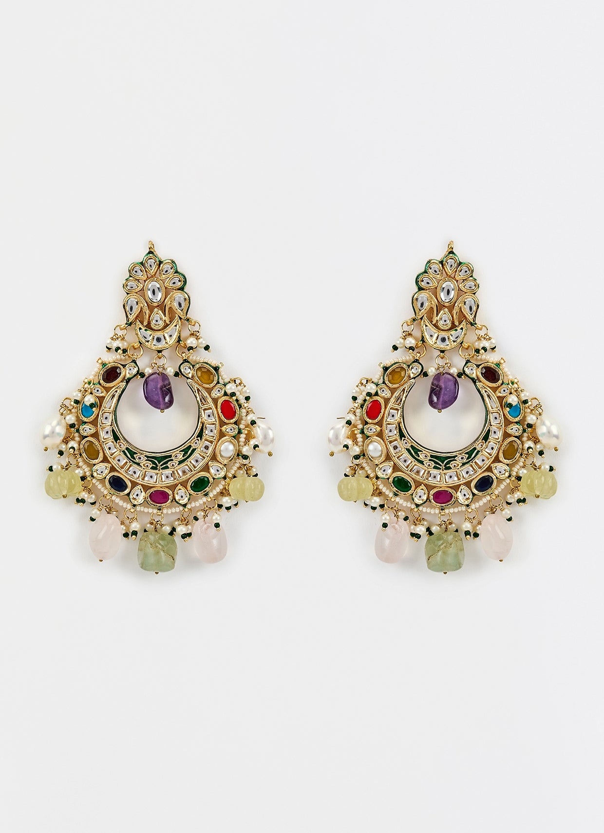 Gold Plated Multi Beaded Kundan Chandbali Earrings