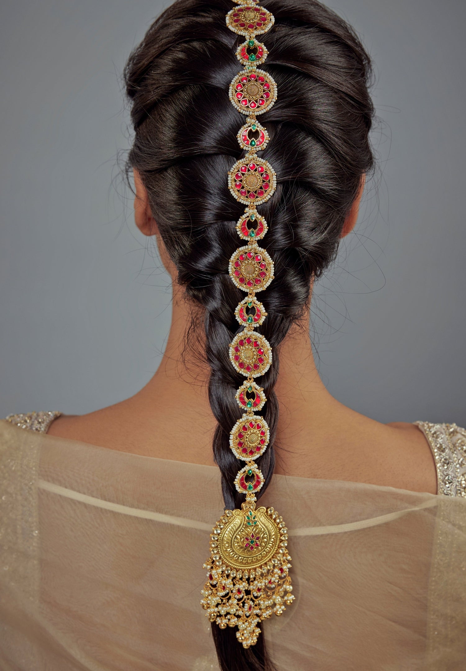 Gold Plated Red And Green Beaded Kundan Braid Pin