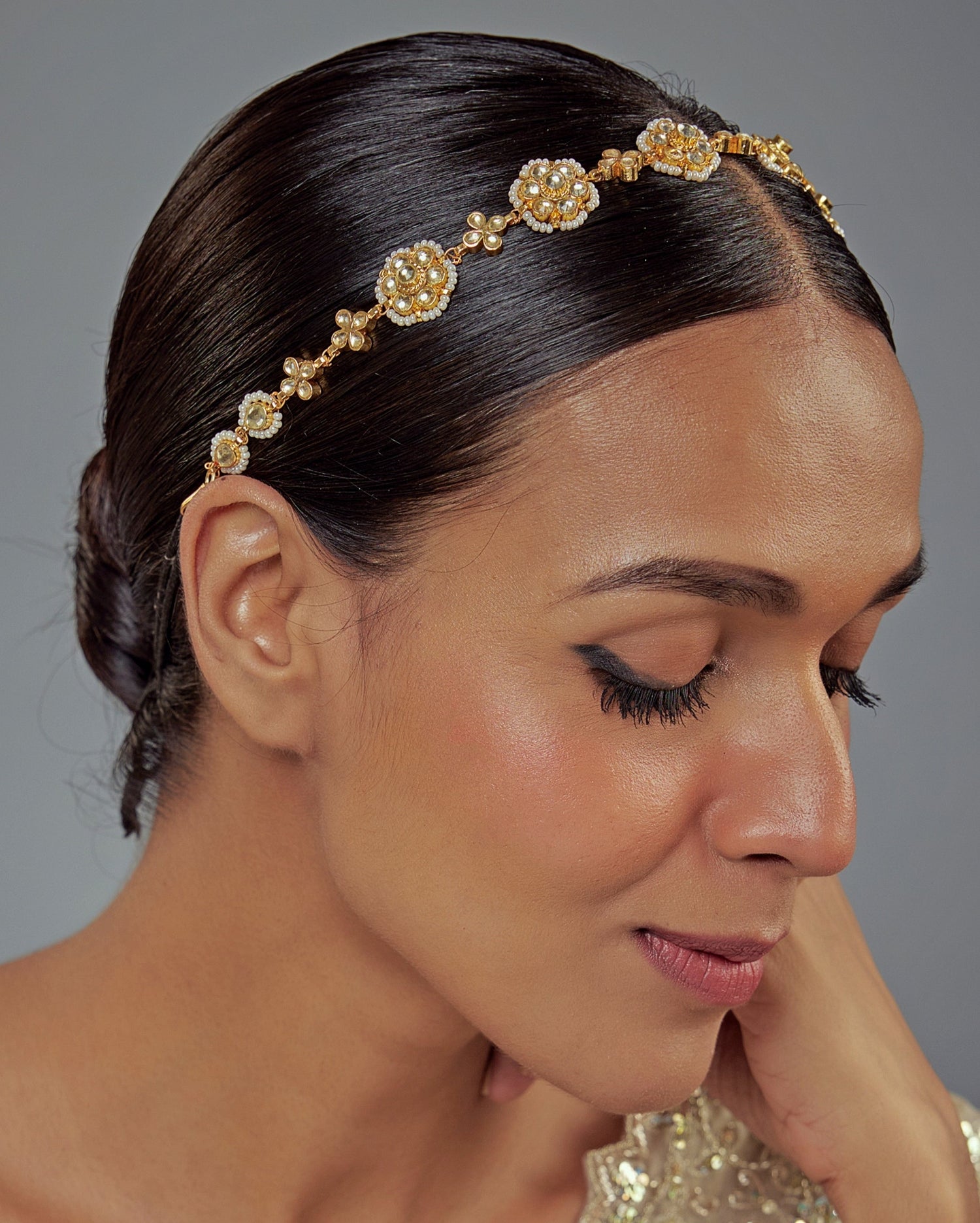Gold Plated Floral White Crystal And Kundan Matha Patti