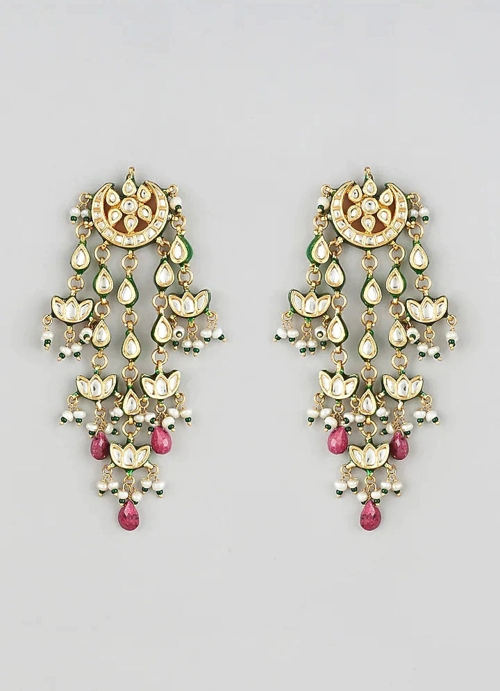 Gold Plated Kundan Earrings With Green & Red Accents