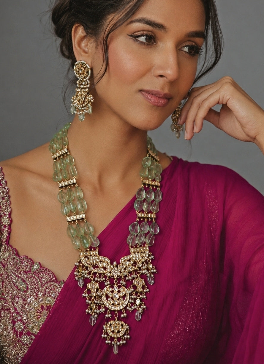 Green Beaded Long Necklace Set