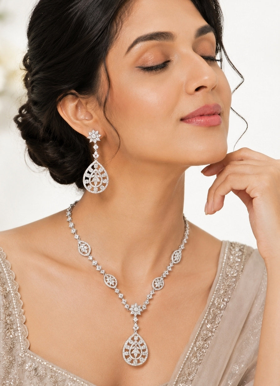 Silver Zirconia Teardrop Necklace Set