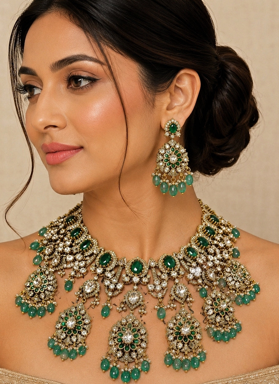 Emerald Green  Moissanite Bridal Choker Necklace Set