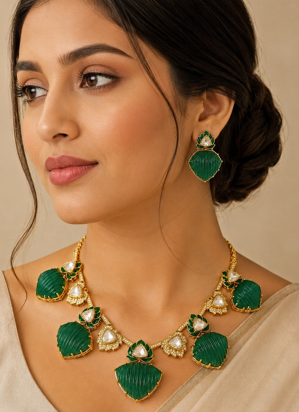 Emerald Green Kundan Lotus Statement Necklace Set