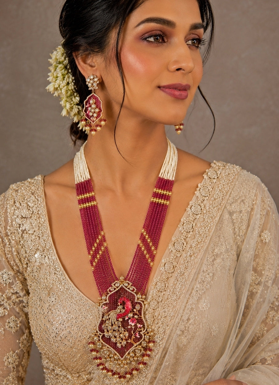 Pink Beaded Moissanite Polki Statement Necklace Set