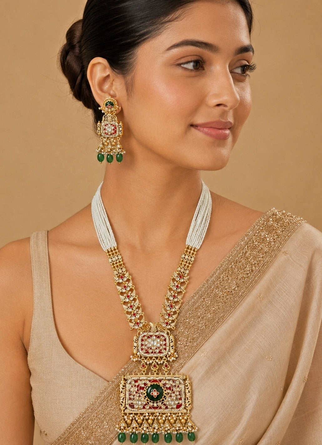 Emerald And Ruby Statement Pearl Necklace Set