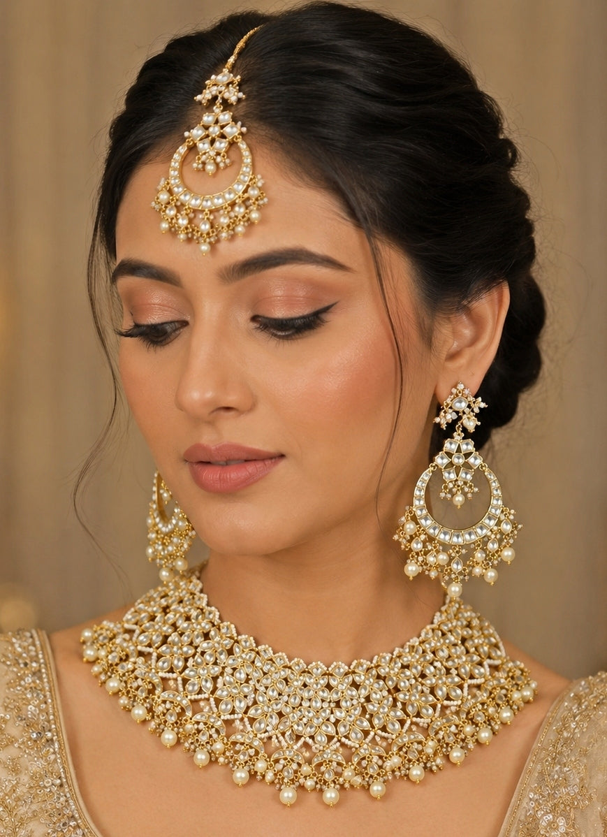 Kundan And Pearl Floral Choker Set With Maang Tikka