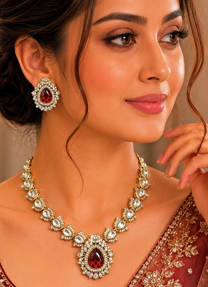 Ruby Red Kundan Statement Necklace Set