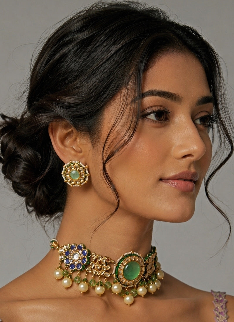 Navratna Kundan And Pearl Choker Set