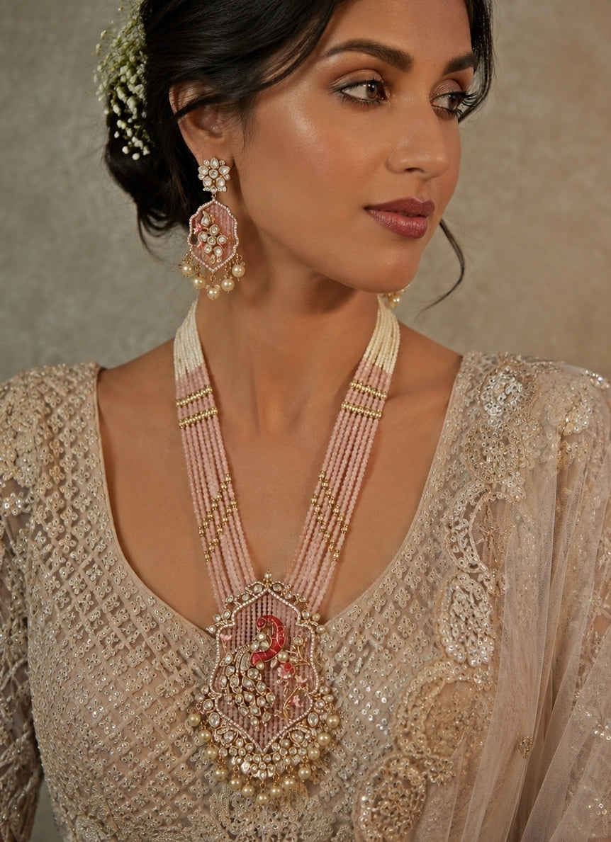 Pastel Pink Beaded Moissanite Polki Necklace Set