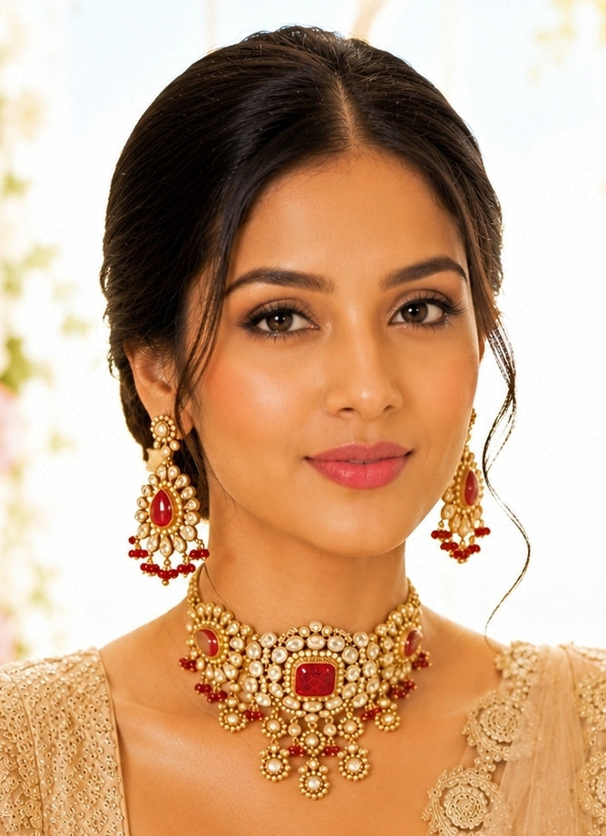 Ruby Red Polki Choker Set