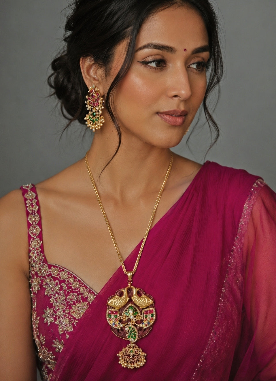Peacock Heritage Temple Pendant Necklace Set