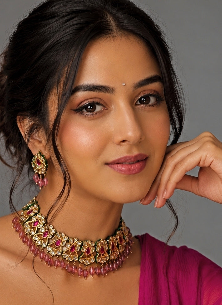 Pink Kundan Choker Necklace Set