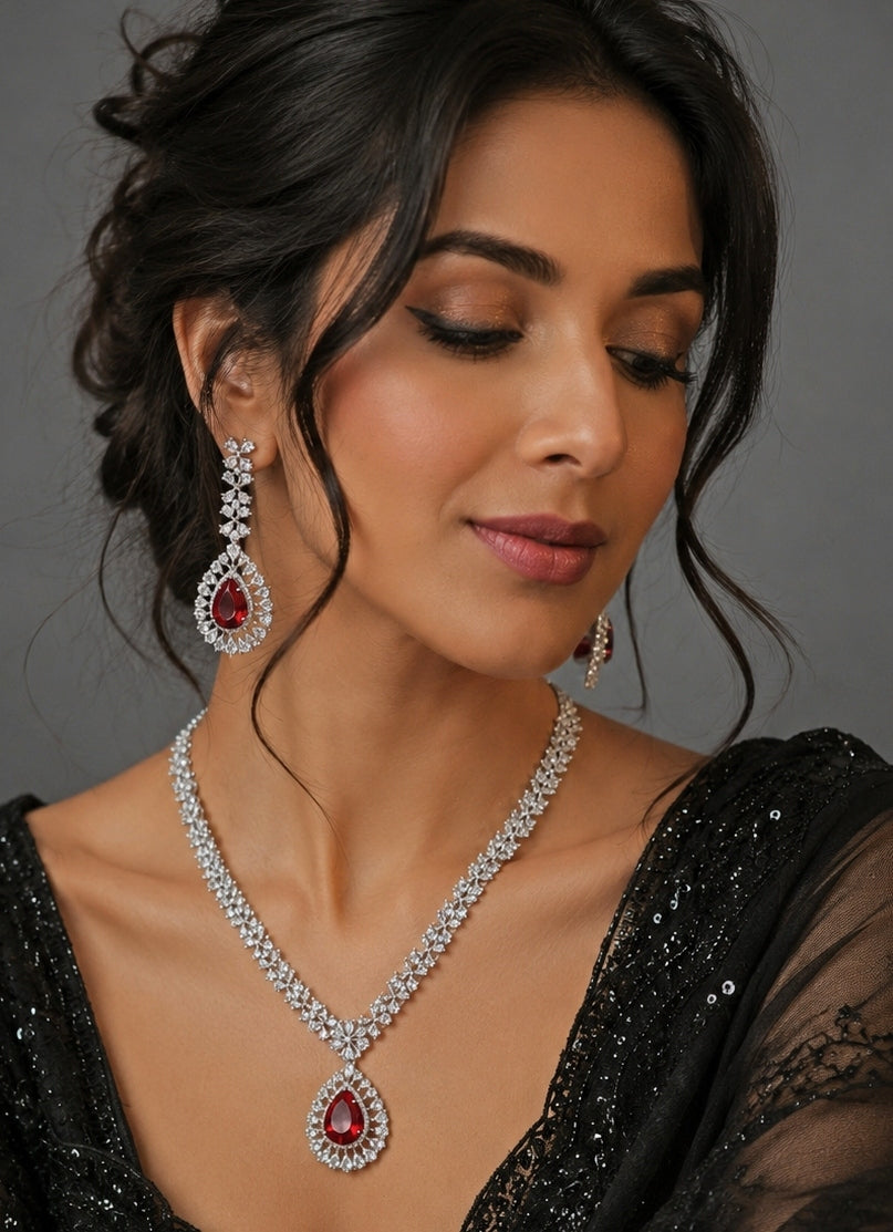 Ruby Red Teardrop Necklace Set
