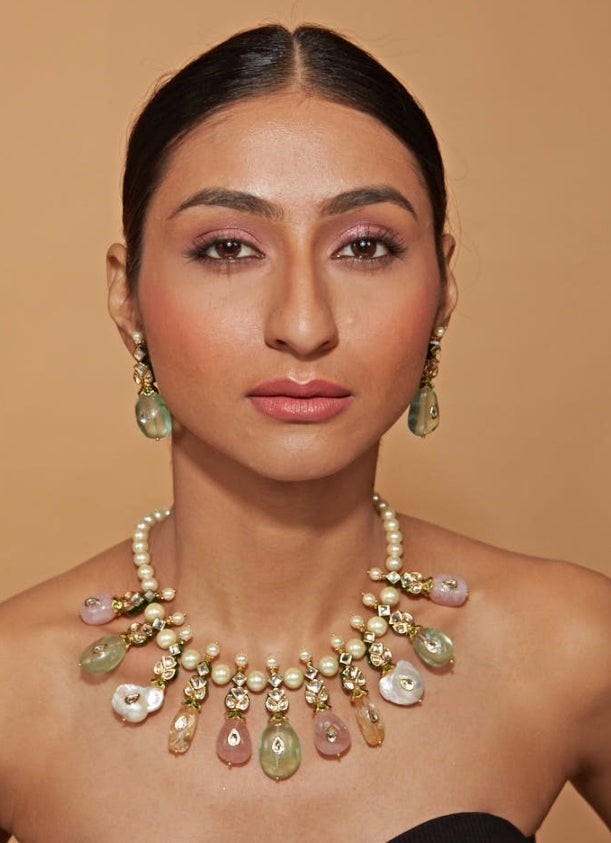 Vivinia by Vidhi Mehra Gold Plated Pearl And Pastel Gemstone Necklace SetFabilicious Fashion