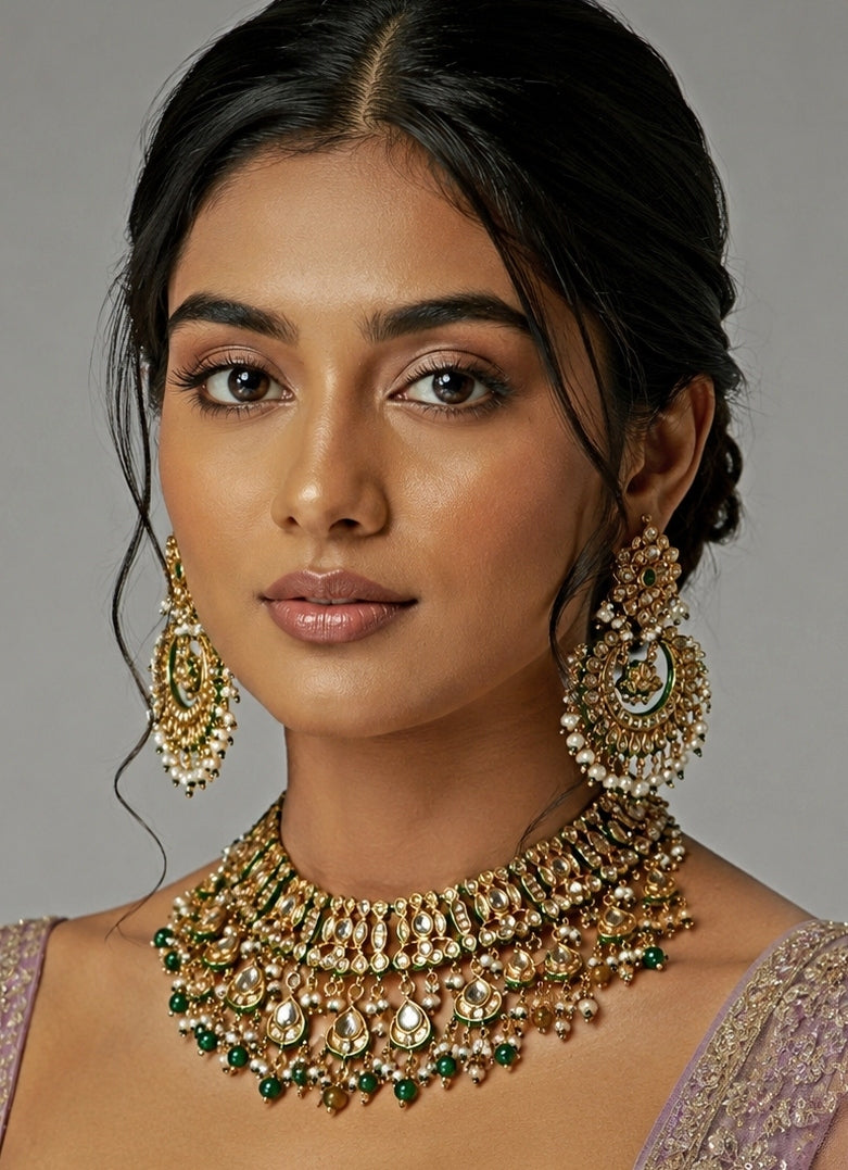 Emerald Green Kundan And Pearl Bridal Necklace Set